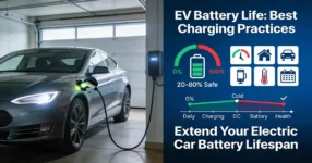 Modern electric car plugged into a home charger illustrating how to extend EV battery life and improve battery health.